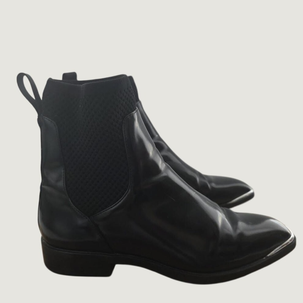 Zara TRF Black Patent Sock Ankle Boots Wmns Sz 38 Silver Metal Toe Studded Heel